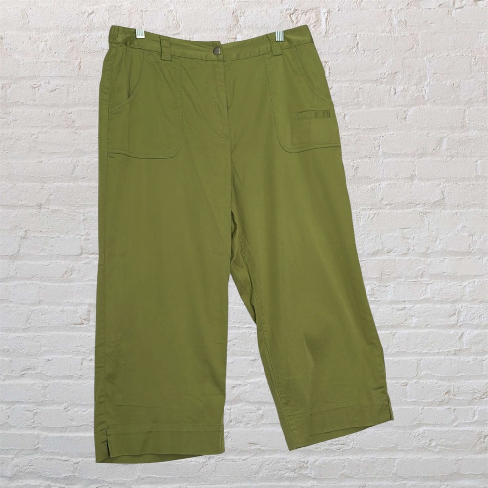Chicos Green Cropped Wide Leg Pants Size 2 (L-12) Cotton Blend Stretch Trousers